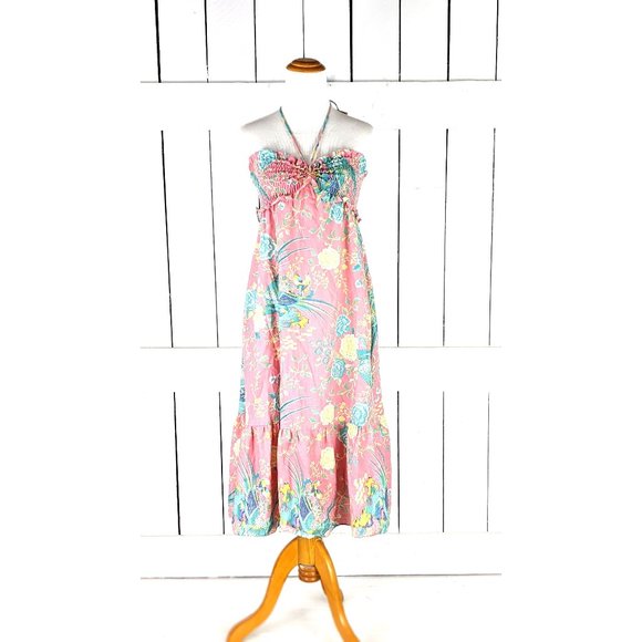 Vintage dusty peach pink floral rushed halter top ruffle dress - Picture 1 of 5